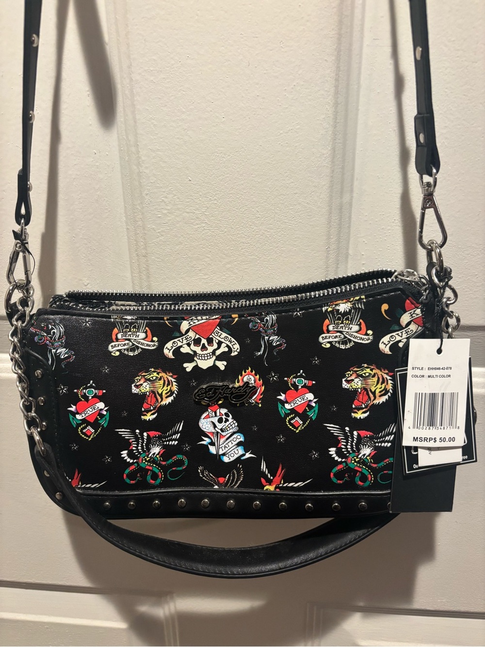 Ed Hardy Black Tattoo Motif Crossbody Bag
